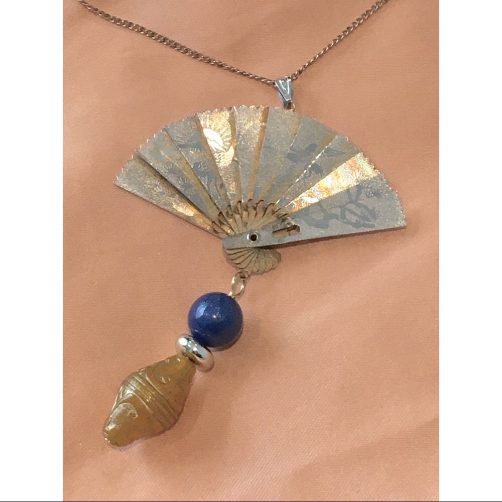Gold Tone Metal Folding Fan Cranes and Phoenix Engravings Bead Tassel Necklace